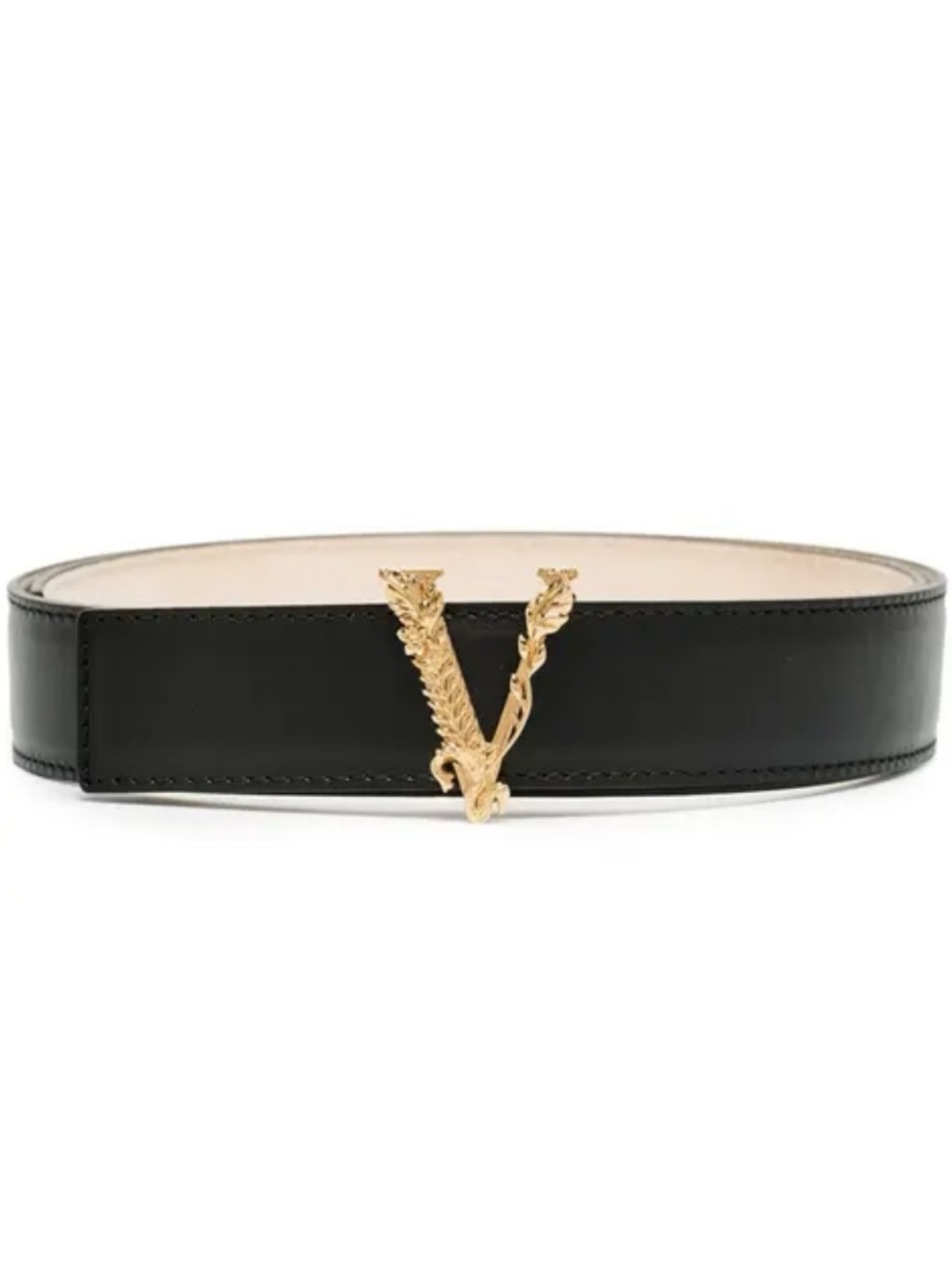 Versace Virtus Black Leather Belt with Gold V Motif - Picture 2 of 7